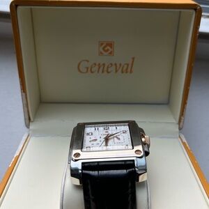 Geneval Square Face Watch with Black Leather Strap